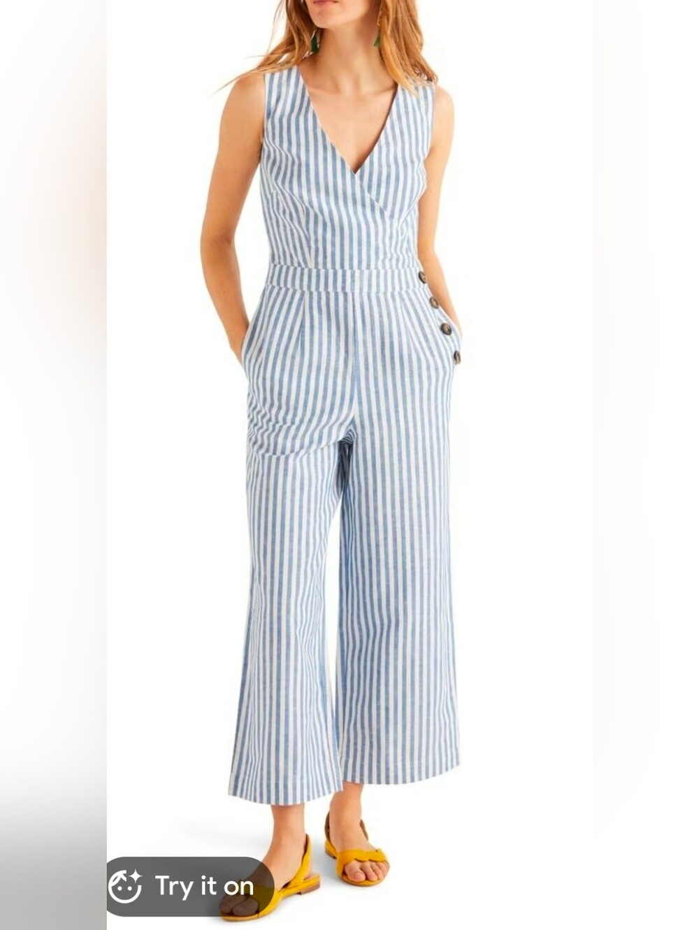 Boden Blue & White Striped Sleeveless Linen Jumpsuit - Size 14R - Picture 2 of 10